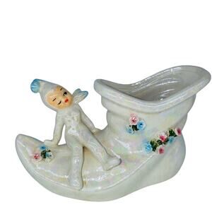 Vintage Lefton Pixie Elf On Boot Iridescent Planter Holiday Candy Dish 8" Japan